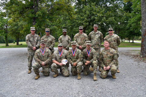 Staff Sgt. Sean Hart (center, front) poses with members of the 117th Regimental Training Institute, June 27th, after competing in the Tennessee National Guard's annual TAG Match. The TAG Match is an annual marksmanship competition and training event that is hosted by the Tennessee Combat Marksmanship Program. (Sgt. 1st Class Timothy Cordeiro)