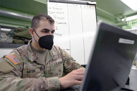 2nd Lt. Axel Nature, platoon leader for the 105th Personnel Company, 230th Sustainment Brigade, leads support operations for incoming Soldiers at the 278th Armored Cavalry Regiment’s eXplorable Combat Training Exercise in Fort Hood, Texas, from June to August 2021. (Pfc. Everett Babbitt) 2nd Lt. Axel Nature, platoon leader for the 105th Personnel Company, 230th Sustainment Brigade, leads support operations for incoming Soldiers at the 278th Armored Cavalry Regiment’s eXplorable Combat Training Exercise in Fort Hood, Texas, from June to August 2021. (Pfc. Everett Babbitt)