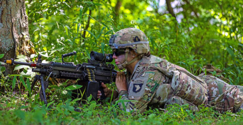 A Soldier assigned to the Route Clearing Platoon, Bravo Company, 326th Engineer Battalion, 1st Brigade Combat Team, 101st Airborne Division (Air Assault), pulls security during an Emergency Deployment Readiness Exercise July 22, 2021, at Fort Campbell, KY. The EDRE involved tasks such as conducting reconnaissance, cold load operations and detonating brazier charges after constructing them. (Spc. Jacob Wachob, 40th Public Affairs Detachment)