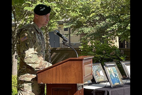 Fort Campbell Soldier Recovery Unit Commander Lt. Col. Joseph Reagan welcomes Gold Star families and other guests to a breakfast and memorial garden rededication ceremony at the unit, June 22nd. During the breakfast SRU staff and families reconnect, share their stories and open their hearts to new members who have experienced the loss of a Soldier. (U.S. Army photo by Maria Yager)