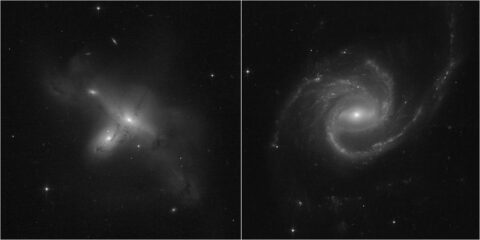 These images, from a program led by Julianne Dalcanton of the University of Washington in Seattle, demonstrate Hubble's return to full science operations. [Left] ARP-MADORE2115-273 is a rarely observed example of a pair of interacting galaxies in the southern hemisphere. [Right] ARP-MADORE0002-503 is a large spiral galaxy with unusual, extended spiral arms. While most disk galaxies have an even number of spiral arms, this one has three. (NASA, ESA, STScI, Julianne Dalcanton (UW) Image processing: Alyssa Pagan (STScI))