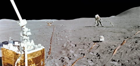 This mini-panorama combines two photographs taken by Apollo 15 lunar module pilot Jim Irwin, from the Apollo Lunar Surface Experiments Package (ALSEP) site, at the end of the second Apollo 15 moonwalk on August 1, 1971. Scott is leaning to his right and is putting down the Apollo Lunar Surface drill used to take core samples and set up a heat flow experiment. The Solar Wind Spectrometer is in the right foreground. (Erik van Meijgaarden)