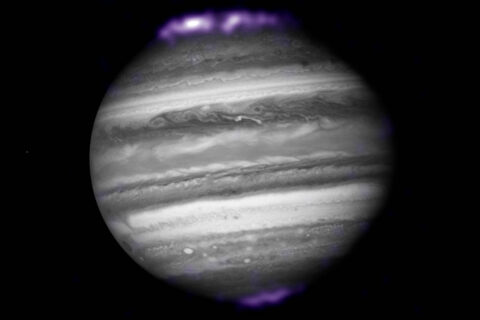 The purple hues in this image show X-ray emissions from Jupiter’s auroras, detected by NASA’s Chandra Space Telescope in 2007. They are overlaid on an image of Jupiter taken by NASA’s Hubble Space Telescope. Jupiter is the only gas giant planet where scientists have detected X-ray auroras. ((X-ray) NASA/CXC/SwRI/R.Gladstone et al.; (Optical) NASA/ESA/Hubble Heritage (AURA/STScI))