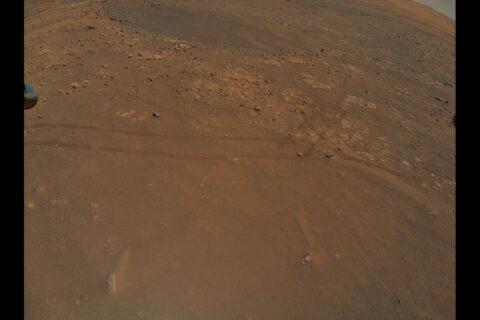 NASA’s Ingenuity Mars Helicopter captured this image of tracks made by the Perseverance rover during its ninth flight, on July 5. A portion of the helicopter’s landing gear can be seen at top left. (NASA/JPL-Caltech) NASA’s Ingenuity Mars Helicopter captured this image of tracks made by the Perseverance rover during its ninth flight, on July 5. A portion of the helicopter’s landing gear can be seen at top left. (NASA/JPL-Caltech)