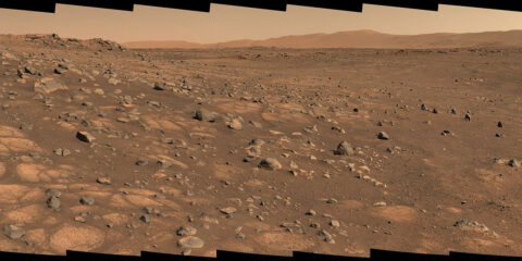 A light-colored “paver stone” like the ones seen in this mosaic will be the likely target for first sampling by the Perseverance rover. The image was taken on July 8, 2021, in the “Cratered Floor Fractured Rough” geologic unit at Jezero Crater. (NASA/JPL-Caltech/ASU/MSSS) A light-colored “paver stone” like the ones seen in this mosaic will be the likely target for first sampling by the Perseverance rover. The image was taken on July 8, 2021, in the “Cratered Floor Fractured Rough” geologic unit at Jezero Crater. (NASA/JPL-Caltech/ASU/MSSS)