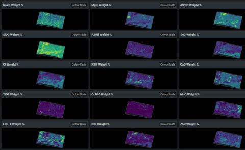 This data shows chemicals detected within a single rock on Mars by PIXL, one of the instruments on the end of the robotic arm aboard NASA’s Perseverance Mars rover. PIXL allows scientists to study where specific chemicals can be found within an area as small as a postage stamp. (NASA/JPL-Caltech)