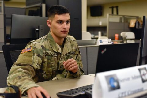 Capt. Curtis Crossman, Det. 2, 175th Cyber Protection Team commander, participates in Cyber Shield 2021, July 14th, at Joint Force Headquarters in Nashville. Cyber Shield 2021 is a national cyber-security exercise designed to increase response capabilities of cyber professionals across the country. (Staff Sgt. Timothy Cordeiro)