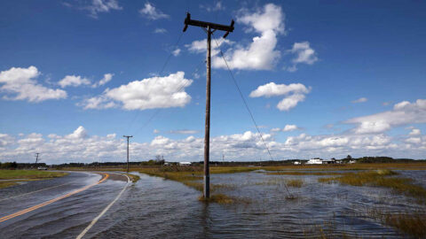 Rising seas will exacerbate problems that coastal communities are already dealing with, including high-tide, or “nuisance,” floods. Inundated roadways like this one in Virginia are among the consequences of such floods. (Image license Credit: Aileen Devlin, Virginia Sea Grant)