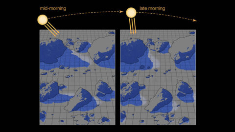 This illustration zooms in on the area of detail indicated in the previous photo, showing how shadows enable water ice to survive on the sunlit lunar surface. When shadows move as the Sun tracks overhead, the exposed frost lingers long enough to be detected by spacecraft. (NASA/JPL-Caltech) This illustration zooms in on the area of detail indicated in the previous photo, showing how shadows enable water ice to survive on the sunlit lunar surface. When shadows move as the Sun tracks overhead, the exposed frost lingers long enough to be detected by spacecraft. (NASA/JPL-Caltech)