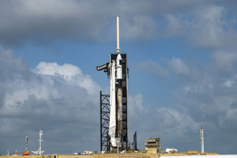 The Falcon 9 rocket from SpaceX with the Cargo Dragon spacecraft atop stands at the launch pad at NASA’s Kennedy Space Center in Florida. (SpaceX) The Falcon 9 rocket from SpaceX with the Cargo Dragon spacecraft atop stands at the launch pad at NASA’s Kennedy Space Center in Florida. (SpaceX)