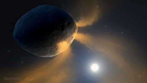 This illustration depicts asteroid Phaethon being heated by the Sun. The asteroid’s surface gets so hot that sodium inside Phaethon’s rock may vaporize and vent into space, causing it to brighten like a comet and dislodge small pieces of rocky debris. (NASA/JPL-Caltech/IPAC)