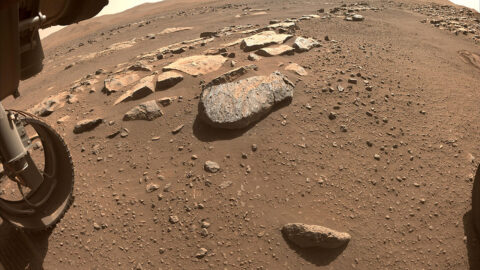 NASA's Perseverance Mars rover will abrade the rock at the center of this image, allowing scientists and engineers to assess whether it would hold up to the rover's more powerful sampling drill. (NASA/JPL-Caltech) NASA's Perseverance Mars rover will abrade the rock at the center of this image, allowing scientists and engineers to assess whether it would hold up to the rover's more powerful sampling drill. (NASA/JPL-Caltech)
