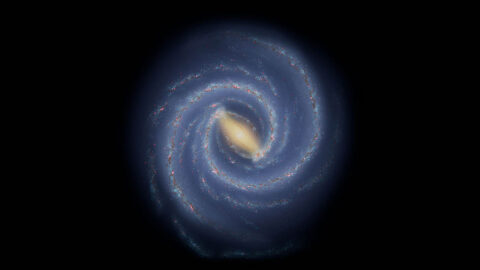 This illustration shows astronomers’ current understanding of the large-scale structure of the Milky Way. Stars and star-forming regions are largely grouped into spiral arms. Measuring the shape, size, and number of spiral arms is a challenge because Earth is located inside the galaxy. (NASA/JPL-Caltech)