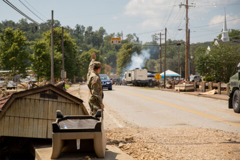 Soldiers from the Tennessee National Guard conduct traffic control operations in Waverly, Aug. 25, following deadly flooding last weekend. (Sgt. 1st Class Timothy Cordeiro)