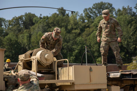 Soldiers from Jackson’s 194th Engineer Brigade conduct cleanup operations in Waverly, Aug. 25, following deadly flooding last weekend. More than 80 members of the Tennessee National Guard are in Humphreys County working with state, county, and local emergency personnel, as well as the Tennessee Emergency Management Agency, assisting with traffic control, security, supply distribution, and cleanup operations in the impacted area. (Sgt. 1st Class Timothy Cordeiro)