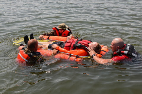 Tennessee National Guardsman work with members of the Williamson County Emergency Management Agency during a water rescue exercise, August 5th, at Old Hickory Lake, during Vigilant Guard 2021, a large-scale inter-agency exercise simulating a dangerous hurricane impacting communities across Tennessee. (Staff Sgt. Timothy Cordeiro, Tennessee National Guard Public Affairs Office)