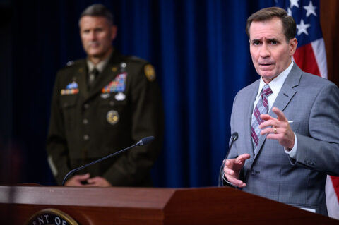 Pentagon Press Secretary John F. Kirby holds a press briefing with Army Maj. Gen. William D. “Hank” Taylor on Afghanistan at the Pentagon, August 28th, 2021. (Air Force Staff Sgt. Jackie Sanders, DOD)