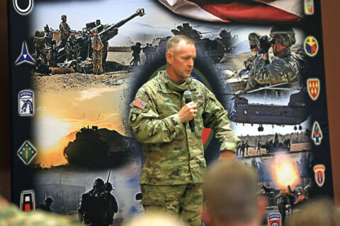 CSM Todd Sims gives a speech to the FORSCOM Retention teams at Cole Park Commons. We will prepare for our role in a future conflict by modernizing the force, fostering a culture of innovation, and demonstrating excellence. (Spc. Jordy Harris, 101st Airborne Division)