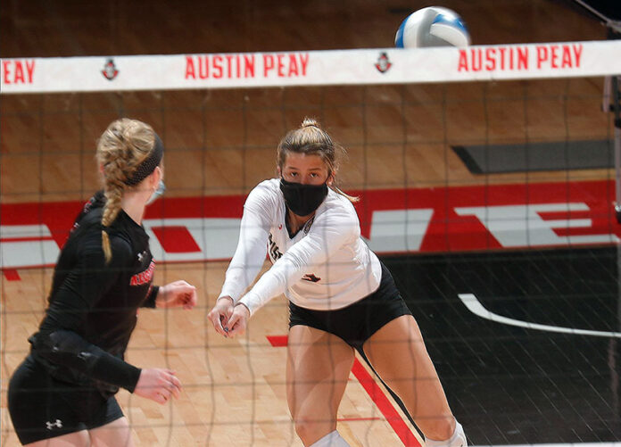 Austin Peay State University Volleyball libero Erin Eisenhart's six aces pace Govs to sweep of Merrimack. (Robert Smith, APSU Sports Information)