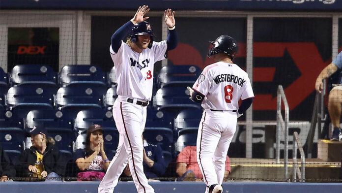 Nashville Sounds outfielder Jamie Westbrook drives in Four of the Six Nashville Runs against Memphis Redbirds at First Horizon Park Wednesday night. (Nashville Sounds)