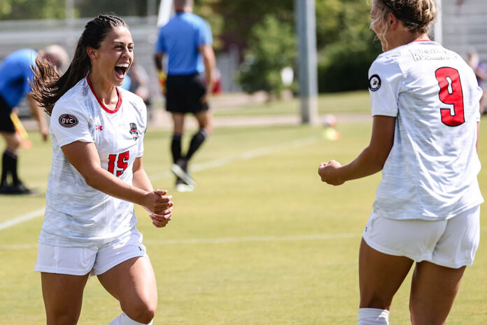 Austin Peay State University Soccer's Rachel Bradberry and Claire Larose score early, APSU Govs pick up first win at Chattanooga. (APSU Sports Information)