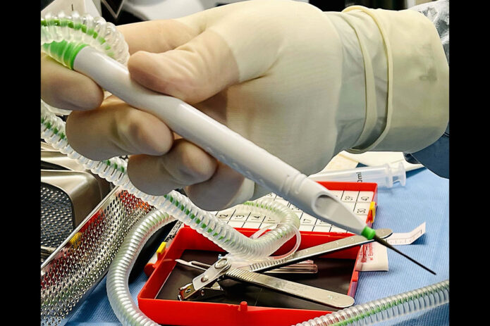 An electrosurgery generator with an integrated smoke evacuation system used at Blanchfield Army Community Hospital eliminates surgical smoke produced during cauterization that would otherwise be inhaled by patients and staff in the operating room. Surgical smoke has more than 150 identified hazardous chemicals and has been equated to smoking 30 unfiltered cigarettes per day. (U.S. Army photo by Maria Yager)