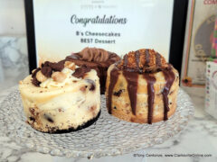 Three mini cheesecakes from B’s Cheesecakes: Caramel Coconut Cookie with Samoa on top, Triple Chocolate in the back, and Tollhouse Chocolate with Peanut Caramel.