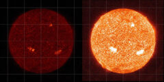 The images show the Sun as seen by another SDO instrument, AIA, in 304 Angstrom light in 2021 before degradation correction (left) and with corrections from a sounding rocket calibration (right). (NASA/SDO)