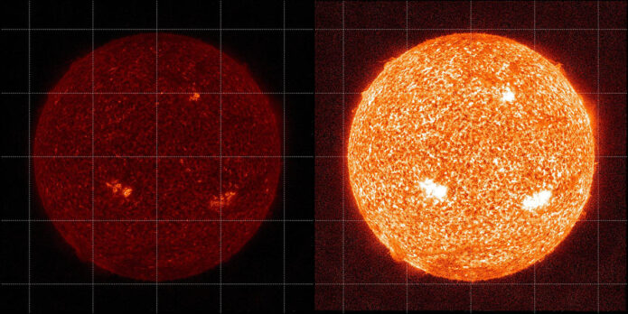 The images show the Sun as seen by another SDO instrument, AIA, in 304 Angstrom light in 2021 before degradation correction (left) and with corrections from a sounding rocket calibration (right). (NASA/SDO) The images show the Sun as seen by another SDO instrument, AIA, in 304 Angstrom light in 2021 before degradation correction (left) and with corrections from a sounding rocket calibration (right). (NASA/SDO)