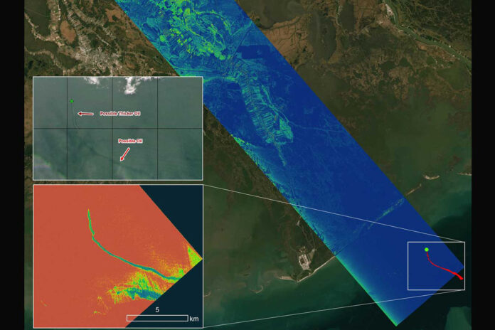 A radar instrument flown by the Delta-X mission captured data on an oil slick (bottom inset image) off the coast of Port Fourchon, Louisiana, on Sept. 1. The data, along with satellite images (top inset picture) helped to confirm the presence of the oil slick in the area. (NASA/JPL-Caltech)