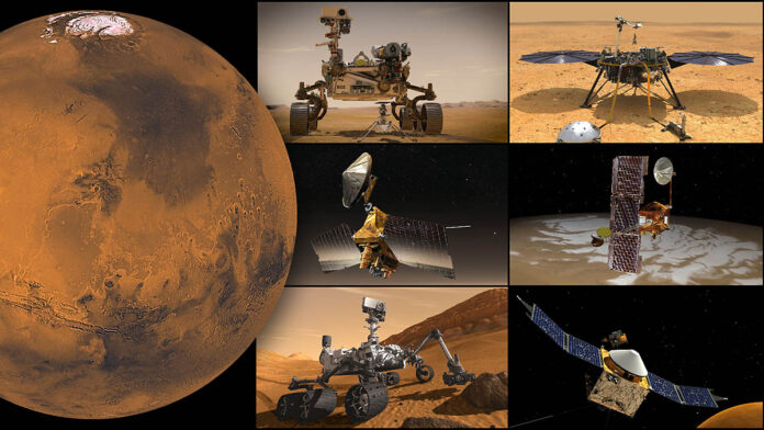 NASA’s Mars missions, clockwise from top left: Perseverance rover and Ingenuity Mars Helicopter, InSight lander, Odyssey orbiter, MAVEN orbiter, Curiosity rover, and Mars Reconnaissance Orbiter. (NASA/JPL-Caltech)