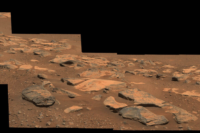 This mosaic image (composed of multiple individual images taken by NASA's Perseverance rover) shows a rock outcrop in the area nicknamed "Citadelle" on the floor of Mars' Jezero Crater. (NASA/JPL-Caltech/ASU/MSSS)