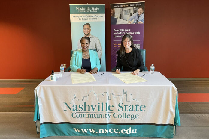 Nashville State Community College President Dr. Shanna L. Jackson and Lipscomb University President Dr. Candice McQueen signing an articulation agreement providing a pathway to a bachelor’s degree at Lipscomb Online for graduating Nashville State students who want to continue their education.
