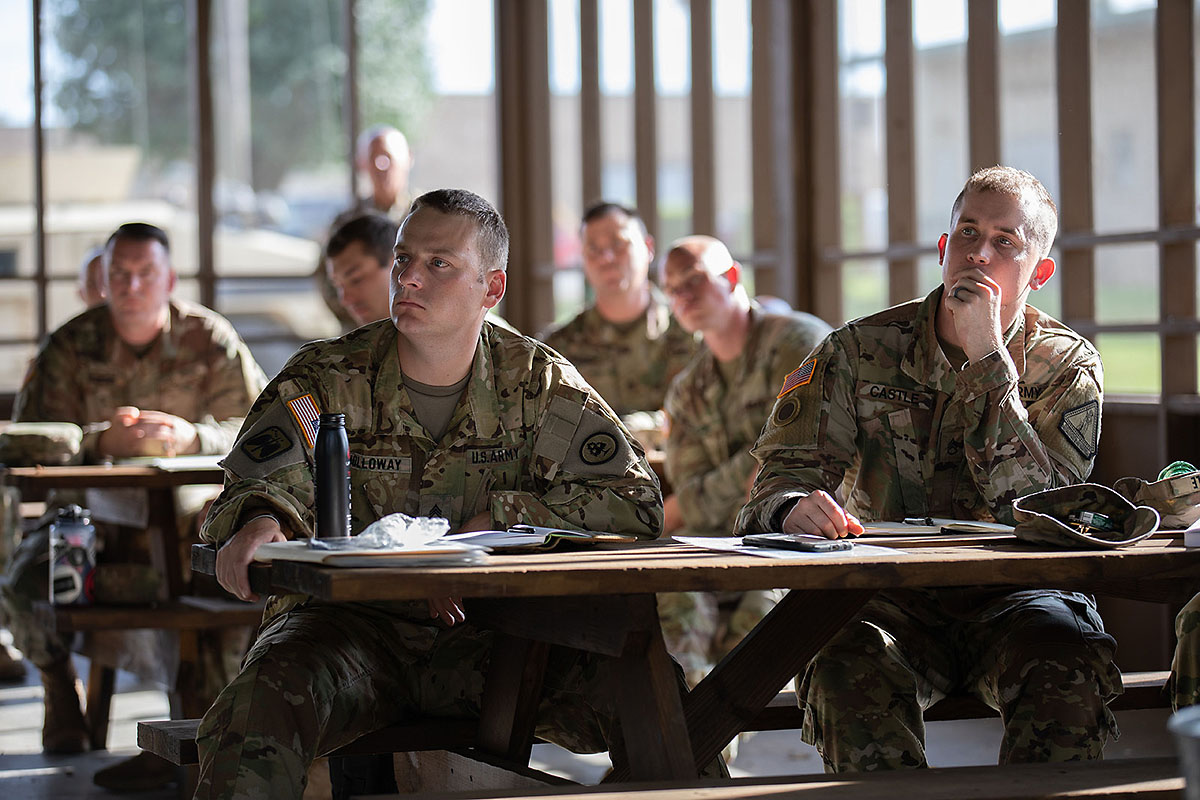 Soldiers with the Tennessee Army National Guard listen to a block of instruction during the First Line Leadership Course pilot in Smyrna on Sept. 14. The Soldiers were instructed on troop leading procedures, conducting troop inspections and given a brief description on the next day’s field exercise. (Pfc. Olivia Gum) 