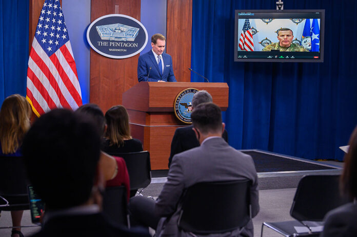 Pentagon Press Secretary John F. Kirby and Air Force Gen. Tod D. Wolters, commander of U.S. European Command, brief reporters at the Pentagon. (Air Force Staff Sgt. Jack Sanders, DOD)