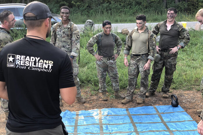 Lieutenants conduct Ready and Resilient Training during a two-day training exercise known as the Leader Battalion Platoon Leader Academy for 29 lieutenants here on August 25th and 26th. (left to right; 1LT Kendall Howerton, 1LT Anabell Sanchez, 1LT Ben Maude, and 1LT Hank Isom). (Sgt. 1st Class Jacob Connor, 101st Airborne Division)