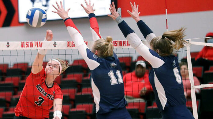Austin Peay State University Volleyball graduate student Brooke Moore had 12 kills and 6 digs in win over Belmont at the Dunn Center, Saturday. (Robert Smith, APSU Sports Information)