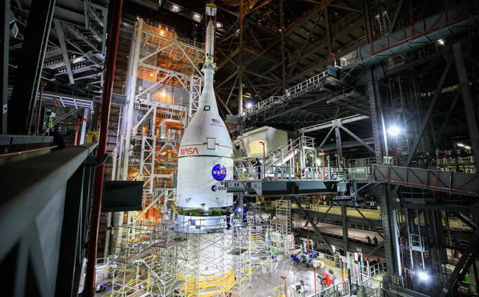 NASA completed stacking October 21st, 2021, of the agency's Space Launch System rocket and Orion spacecraft for the Artemis I uncrewed mission around the Moon. The stacking operations were conducted inside the Vehicle Assembly Building at NASA's Kennedy Space Center in Florida. (NASA)