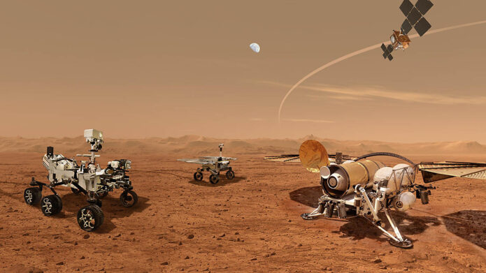 This illustration shows a concept for a set of future robots working together to ferry back samples from the surface of Mars collected by NASA's Mars Perseverance rover. (NASA/ESA/JPL-Caltech) This illustration shows a concept for a set of future robots working together to ferry back samples from the surface of Mars collected by NASA's Mars Perseverance rover. (NASA/ESA/JPL-Caltech)