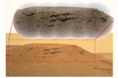 This image of an escarpment, or scarp – a long, steep slope – along the delta of Mars’ Jezero Crater was generated using data from the Perseverance rover’s Mastcam-Z instrument. The inset image at top is a close-up provided by the Remote Microscopic Imager, which is part of the SuperCam instrument. (NASA/JPL-Caltech/LANL/CNES/CNRS/ASU/MSSSMastcam-Z: NASA/JPL-Caltech/ASU/MSSS)