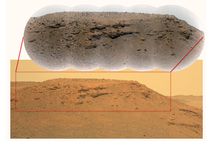This image of an escarpment, or scarp – a long, steep slope – along the delta of Mars’ Jezero Crater was generated using data from the Perseverance rover’s Mastcam-Z instrument. The inset image at top is a close-up provided by the Remote Microscopic Imager, which is part of the SuperCam instrument. (NASA/JPL-Caltech/LANL/CNES/CNRS/ASU/MSSSMastcam-Z: NASA/JPL-Caltech/ASU/MSSS) This image of an escarpment, or scarp – a long, steep slope – along the delta of Mars’ Jezero Crater was generated using data from the Perseverance rover’s Mastcam-Z instrument. The inset image at top is a close-up provided by the Remote Microscopic Imager, which is part of the SuperCam instrument. (NASA/JPL-Caltech/LANL/CNES/CNRS/ASU/MSSSMastcam-Z: NASA/JPL-Caltech/ASU/MSSS)