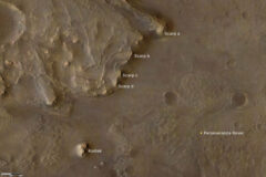 This annotated image indicates the locations of NASA’s Perseverance rover (lower right), as well as the “Kodiak” butte (lower left) and several prominent steep banks known as escarpments, or scarps, along the delta of Jezero Crater. (NASA/JPL-Caltech/University of Arizona/USGS)