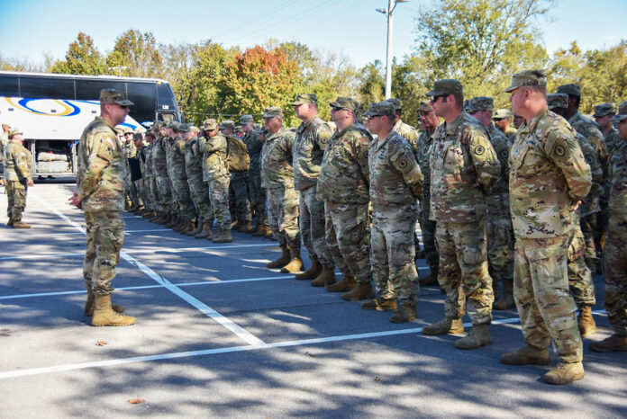 Families, friends and fellow service members gathered to greet Tennessee National Guardsmen as they return home from a year-long deployment, Oct. 27, at Smyrna’s Volunteer Training Site. Members of the 913th Engineer Company, 269th Military Police Company, and C Company, 2nd Battalion, 151st Aviation Regiment were deployed supporting operations near Laredo, Texas. (U.S. Army Sgt. 1st Class Timothy Cordeiro)