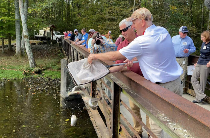 A new multi-agency agreement to provide continued funding for three federal hatcheries that have stocked waters with millions of trout in Georgia and Tennessee was announced Oct. 15 at a press conference beside South Holston Reservoir near Bristol, Tenn. Pictured (from left) are Ted Will (Director of Wildlife Resources Division, Georgia Department of Natural Resources), Leopoldo Miranda-Castro (Regional Director, U.S. Fish and Wildlife Service), Bobby Wilson (Executive Director, Tennessee Wildlife Resources Agency) and Allen Clare (Vice President of River and Resources Stewardship, Tennessee Valley Authority).
