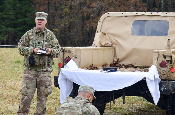 Chaplain (Capt.) Roger E. Gordon, 101st Special Troops Battalion, 101st Division Sustainment Brigade, gives testimony during a worship service on Fort Campbell, KY, November 19th, 2021. (Sgt. Amal Hall, 101st Division Sustainment Brigade Public Affairs)