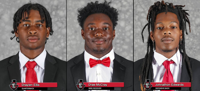 Austin Peay State University Football's Draylen Ellis, Maddux Trujillo and Drae McCray. (Robert Smit, APSU Sports Information)