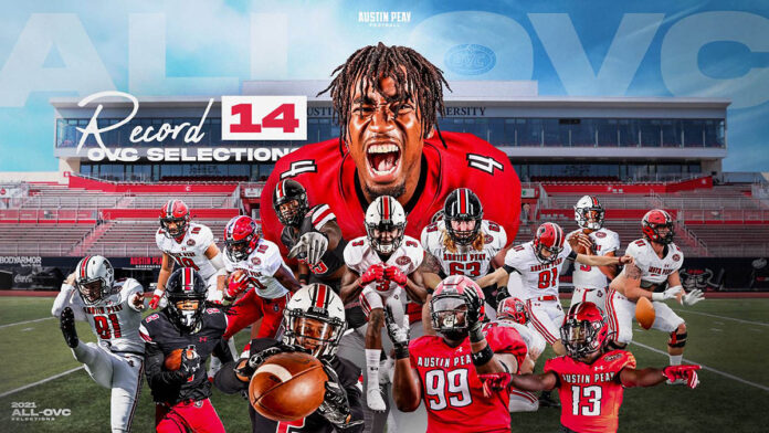 Austin Peay State University has 7 OVC First-Team, 7 OVC Second-Team, and 2 All-Newcomer honorees. (APSU Sports Information)