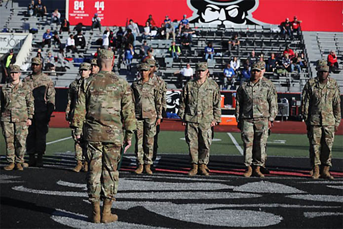 Tennessee’s Deputy Adjutant General, Maj. Gen. Jimmie Cole, swore in 18 of Austin Peay State University’s ROTC cadets during their military appreciation football game at Fortera Stadium on November 6th. (Sgt. James Bolen Jr.) Tennessee’s Deputy Adjutant General, Maj. Gen. Jimmie Cole, swore in 18 of Austin Peay State University’s ROTC cadets during their military appreciation football game at Fortera Stadium on November 6th. (Sgt. James Bolen Jr.)