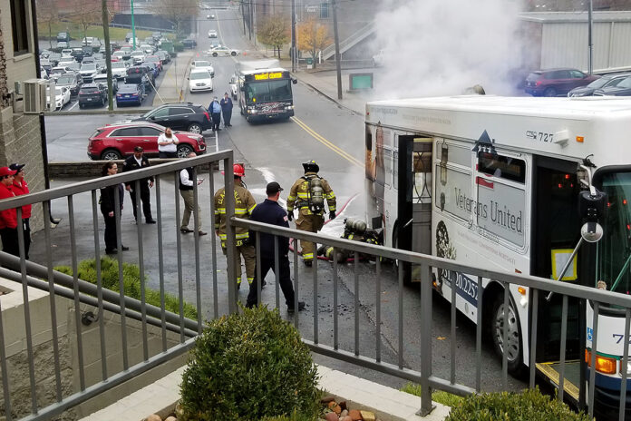 Clarksville Transit System catches fire on HIter Street and Franklin Street.