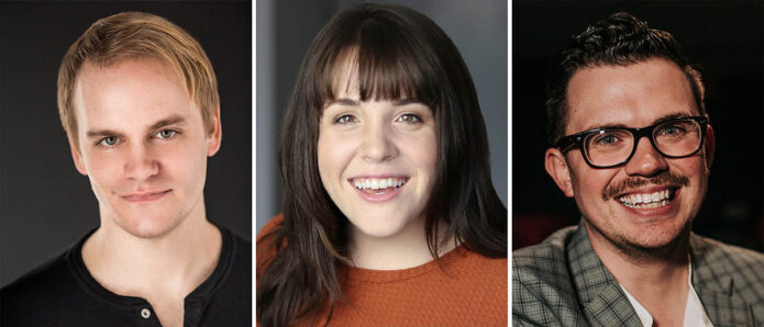 Stephen Shore [AEA] as George Bailey, Kelsey McCollaum as Mary Hatch Bailey and Ryan Bowie as Clarence in "It's A Wonderful Life: The Musical" at the Roxy Regional Theatre.